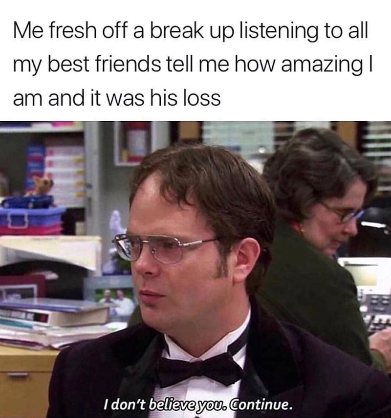 Me fresh off a break up listening to all my best friends tell me how amazing I am and it was his loss I don't believe you. Continue.