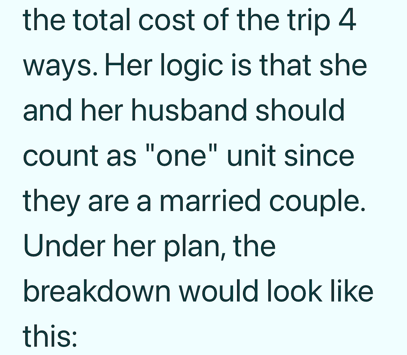 the total cost of the trip 4 ways. Her logic is that she and her husband should count as "one" unit since they are a married couple. Under her plan, the breakdown would look like this: