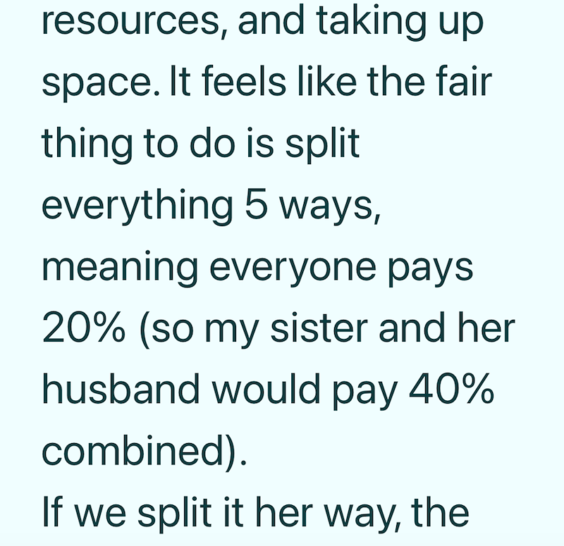 resources, and taking up space. It feels like the fair thing to do is split everything 5 ways, meaning everyone pays 20% (so my sister and her husband would pay 40% combined). If we split it her way, the