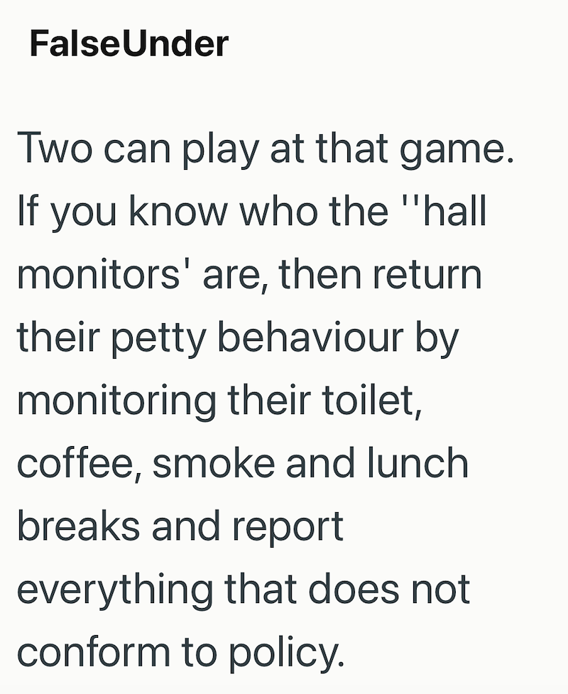 False Under Two can play at that game. If you know who the "hall monitors' are, then return their petty behaviour by monitoring their toilet, coffee, smoke and lunch breaks and report everything that does not conform to policy.