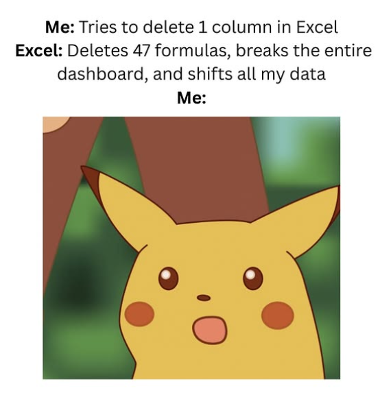 Me: Tries to delete 1 column in Excel Excel: Deletes 47 formulas, breaks the entire dashboard, and shifts all my data Me: