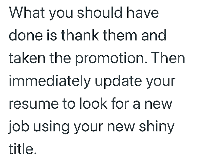 What you should have done is thank them and taken the promotion. Then immediately update your resume to look for a new job using your new shiny title.