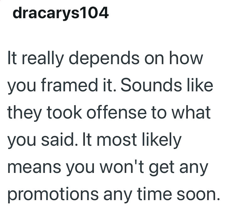 dracarys104 It really depends on how you framed it. Sounds like they took offense to what you said. It most likely means you won't get any promotions any time soon.