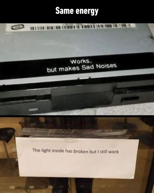 0 Same energy Works, but makes Sad Noises The light inside has broken but I still work D3 04 D5