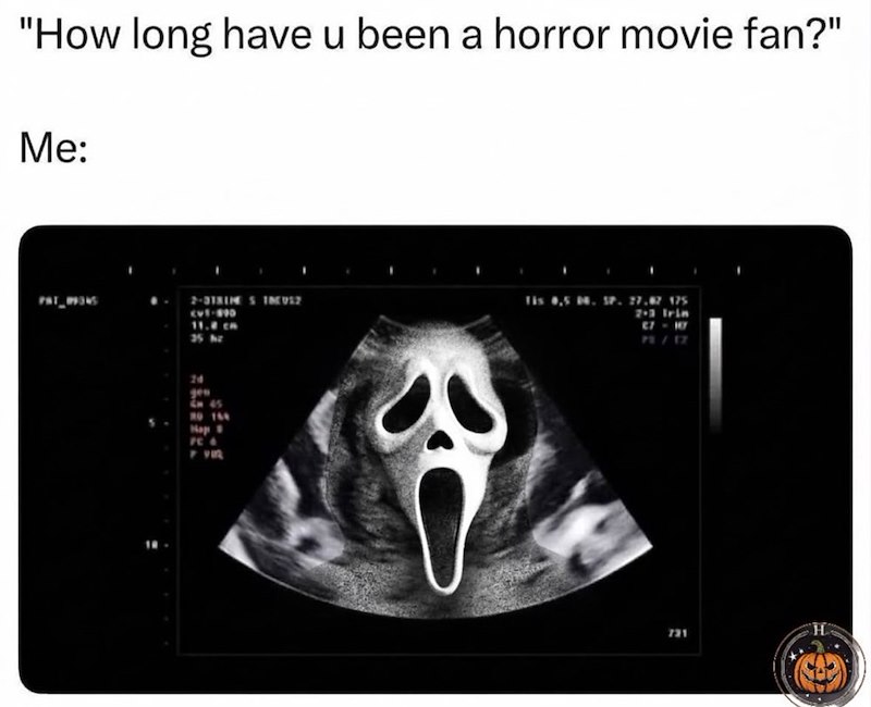 "How long have u been a horror movie fan?" Me: PAT_19345 2-3TRIES INCUL2 CV5-890 11.8 cm 35 hr gen Hap 7C6 Tis 0,5 04. SP. 27.87 175 2-3 Irin 27-147 - 731