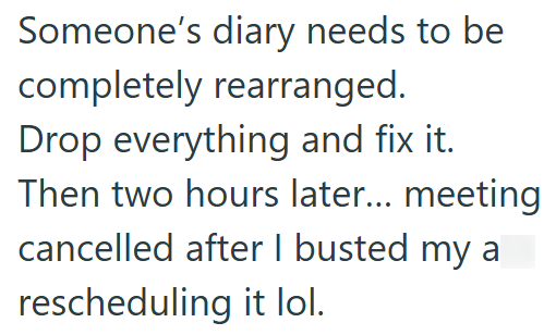 Someone's diary needs to be completely rearranged. Drop everything and fix it. Then two hours later... meeting cancelled after I busted my a rescheduling it lol.