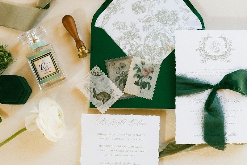 A wedding invitation with the letter, the card, and other items.