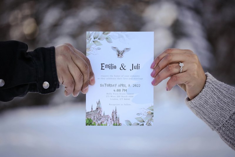 The bride and the groom holding the wedding invitation. Models for explanatory purposes only.