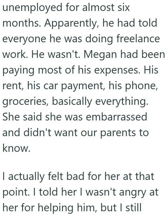 unemployed for almost six months. Apparently, he had told everyone he was doing freelance work. He wasn't. Megan had been paying most of his expenses. His rent, his car payment, his phone, groceries, basically everything. She said she was embarrassed and didn't want our parents to know. I actually felt bad for her at that point. I told her I wasn't angry at her for helping him, but I still