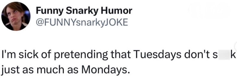 Funny Snarky Humor @FUNNYsnarkyJOKE I'm sick of pretending that Tuesdays don'ts k just as much as Mondays.