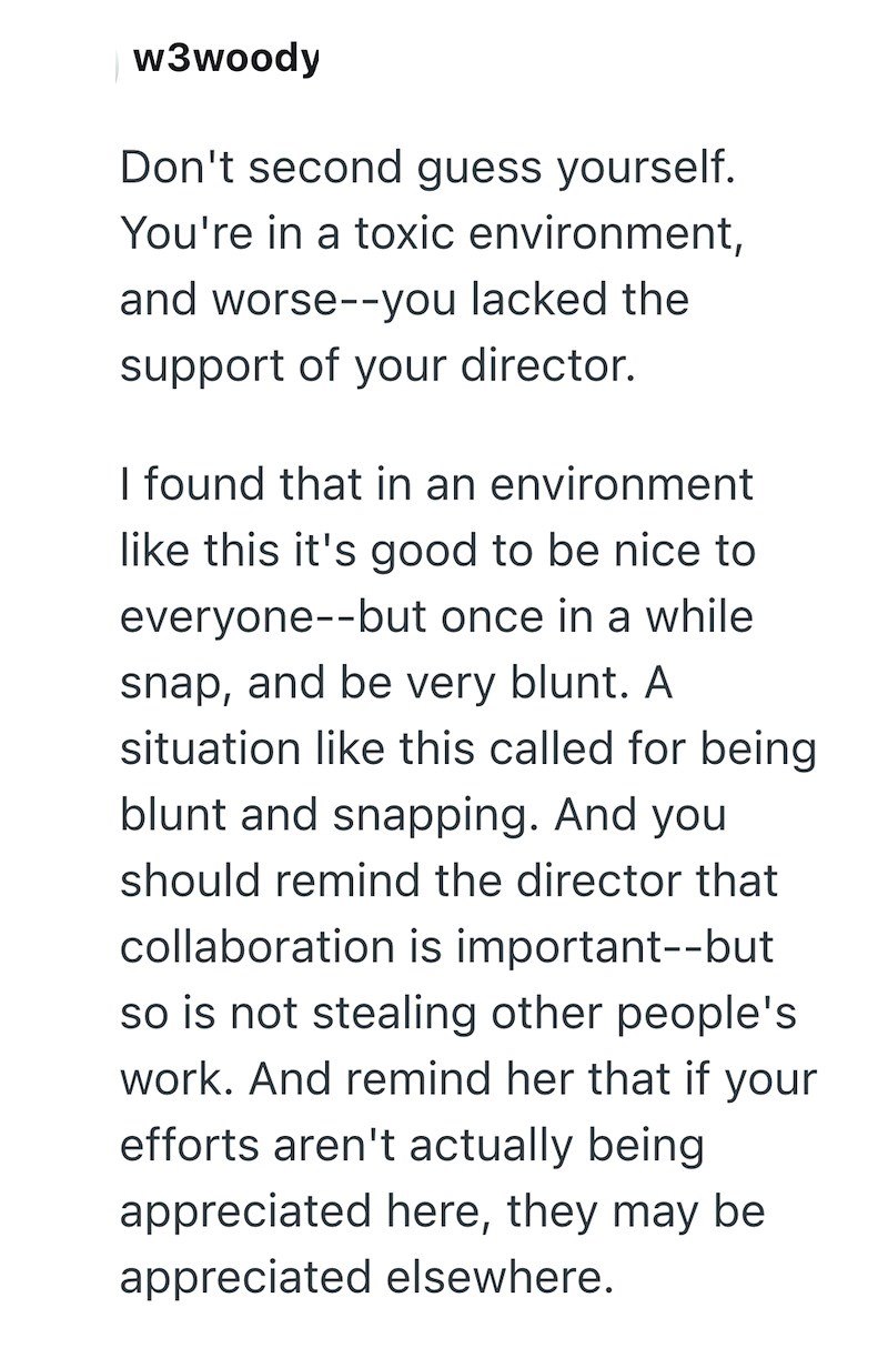 w3woody Don't second guess yourself. You're in a toxic environment, and worse--you lacked the support of your director. I found that in an environment like this it's good to be nice to everyone--but once in a while snap, and be very blunt. A situation like this called for being blunt and snapping. And you should remind the director that collaboration is important--but so is not stealing other people's work. And remind her that if your efforts aren't actually being appreciated here, they may be a