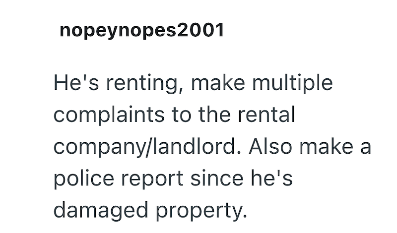 nopeynopes2001 He's renting, make multiple complaints to the rental company/landlord. Also make a police report since he's damaged property.