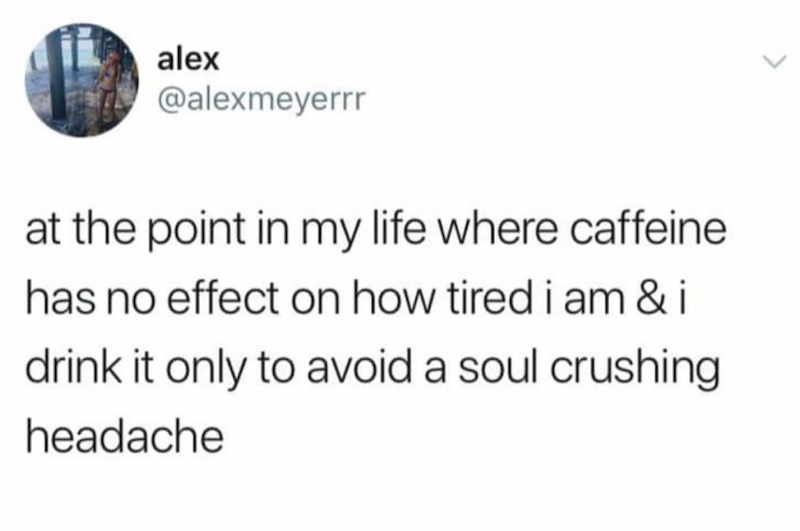 alex @alexmeyerrr at the point in my life where caffeine has no effect on how tired i am &i drink it only to avoid a soul crushing headache