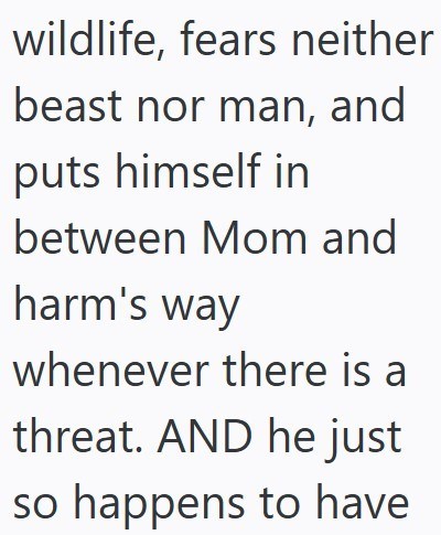 wildlife, fears neither beast nor man, and puts himself in between Mom and harm's way whenever there is a threat. AND he just so happens to have