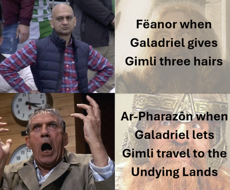 Fëanor when Galadriel gives Gimli three hairs 10 11 Ar-Pharazôn when Galadriel lets Gimli travel to the Undying Lands