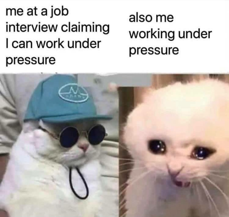me at a job interview claiming I can work under pressure also me working under pressure