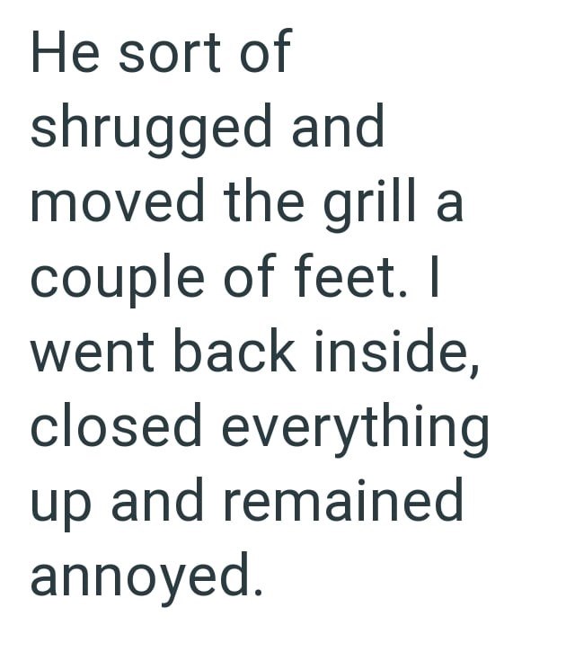 He sort of shrugged and moved the grill a couple of feet. I went back inside, closed everything up and remained annoyed.