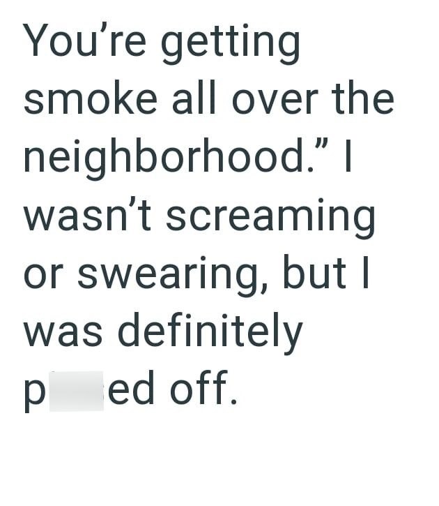 You're getting smoke all over the neighborhood." I wasn't screaming or swearing, but I was definitely ped off.