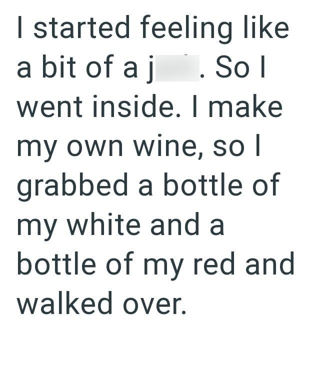 I started feeling like a bit of a j . So I went inside. I make my own wine, so I grabbed a bottle of my white and a bottle of my red and walked over.