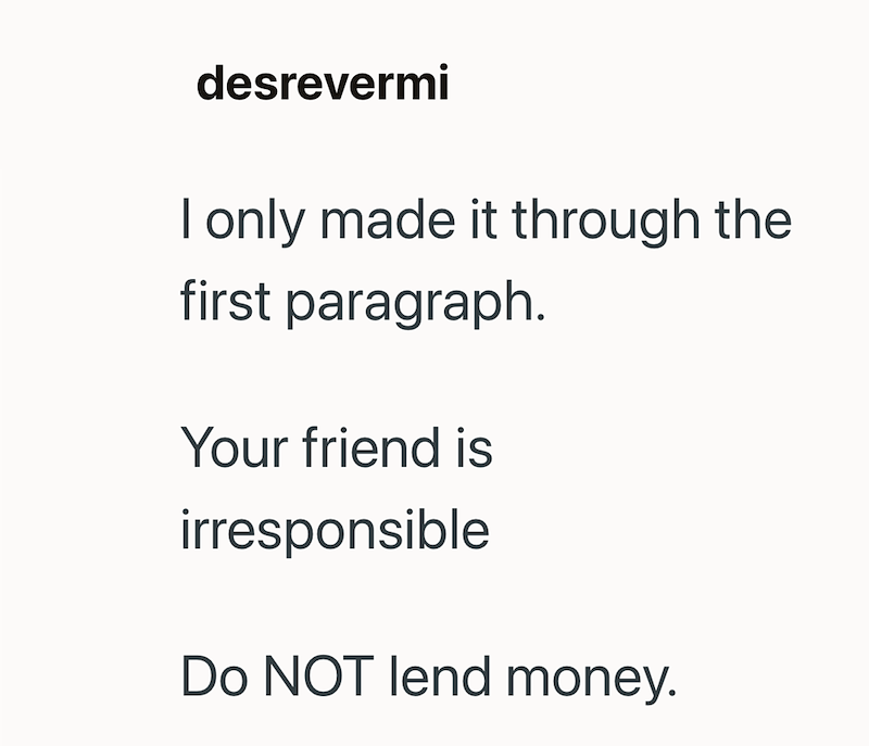 desrevermi I only made it through the first paragraph. Your friend is irresponsible Do NOT lend money.