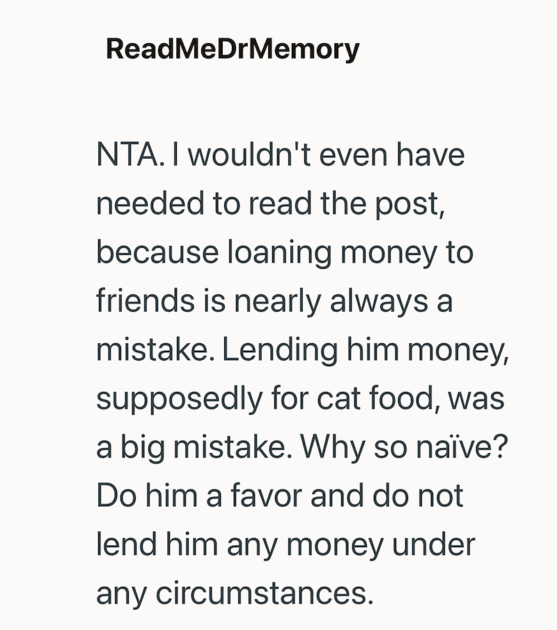 ReadMeDrMemory NTA. I wouldn't even have needed to read the post, because loaning money to friends is nearly always a mistake. Lending him money, supposedly for cat food, was a big mistake. Why so naïve? Do him a favor and do not lend him any money under any circumstances.