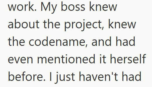 work. My boss knew about the project, knew the codename, and had even mentioned it herself before. I just haven't had