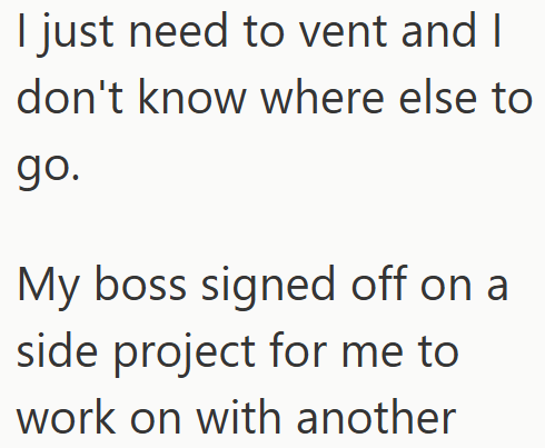 I just need to vent and I don't know where else to go. My boss signed off on a side project for me to work on with another