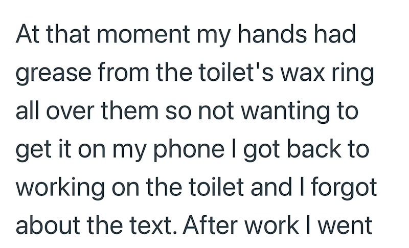At that moment my hands had grease from the toilet's wax ring all over them so not wanting to get it on my phone I got back to working on the toilet and I forgot about the text. After work I went