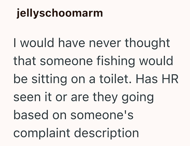 jellyschoomarm I would have never thought that someone fishing would be sitting on a toilet. Has HR seen it or are they going based on someone's complaint description