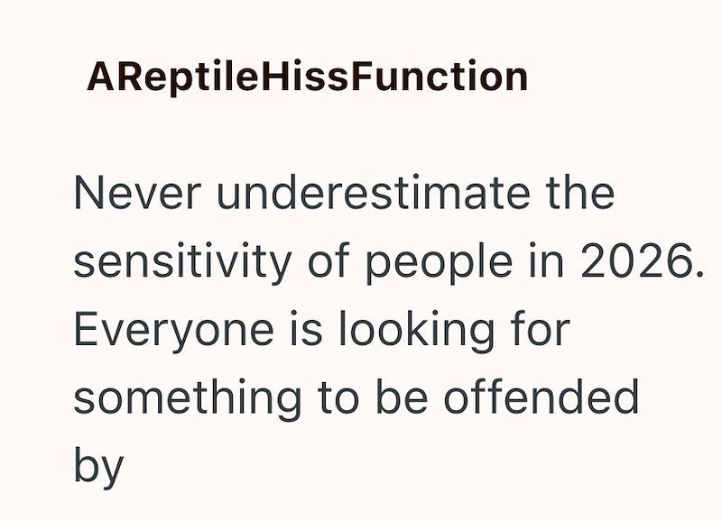 AReptile HissFunction Never underestimate the sensitivity of people in 2026. Everyone is looking for something to be offended by
