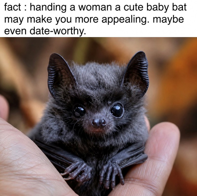 fact handing a woman a cute baby bat may make you more appealing. maybe even date-worthy.