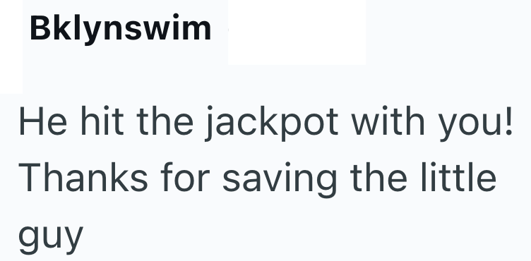 Bklynswim He hit the jackpot with you! Thanks for saving the little. guy