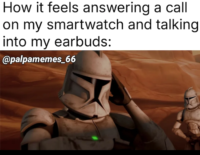How it feels answering a call on my smartwatch and talking into my earbuds: @palpamemes_66