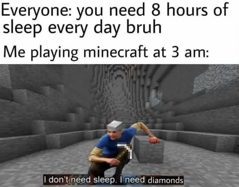 Everyone: you need 8 hours of sleep every day bruh Me playing minecraft at 3 am: I don't need sleep. I need diamonds