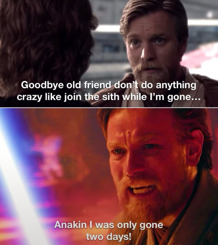 Goodbye old friend don't do anything crazy like join the sith while I'm gone... Anakin I was only gone two days!