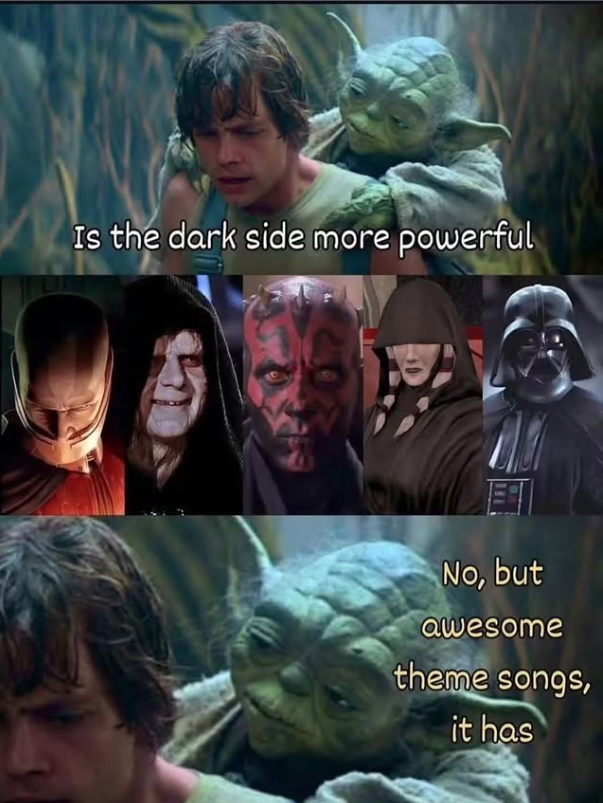 Is the dark side more powerful E No, but awesome theme songs, it has
