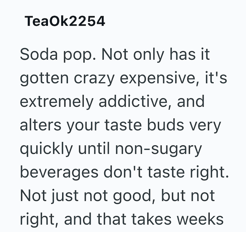 TeaOk2254 Soda pop. Not only has it gotten crazy expensive, it's extremely addictive, and alters your taste buds very quickly until non-sugary beverages don't taste right. Not just not good, but not right, and that takes weeks