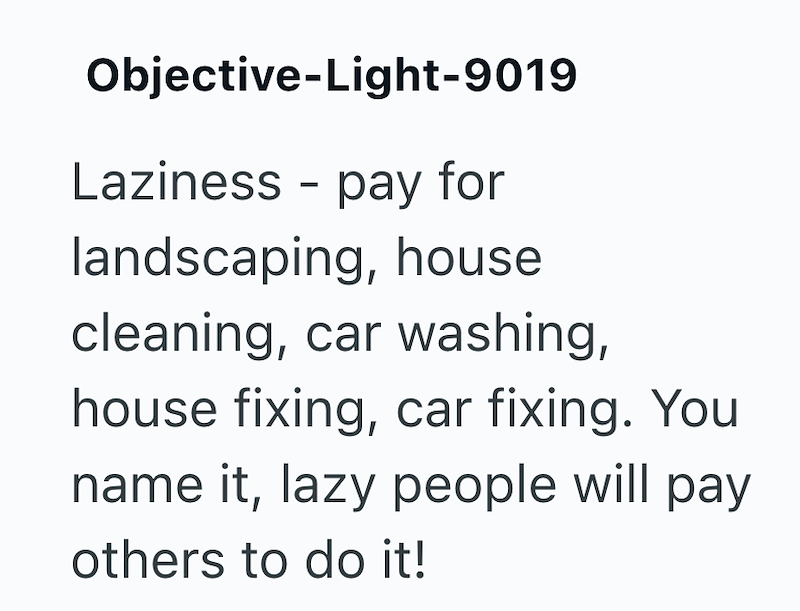 Objective-Light-9019 Laziness - pay for landscaping, house cleaning, car washing, house fixing, car fixing. You name it, lazy people will pay others to do it!