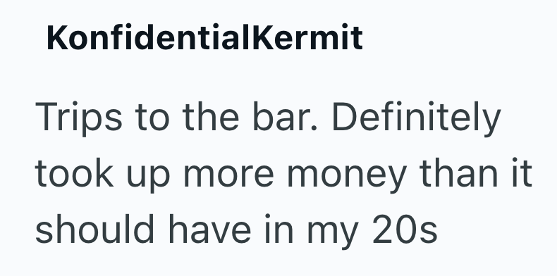 KonfidentialKermit Trips to the bar. Definitely took up more money than it should have in my 20s.