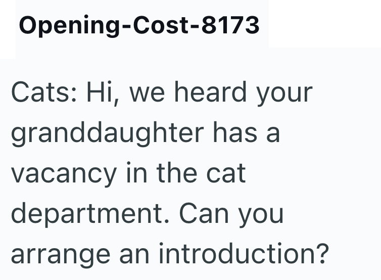 Opening-Cost-8173 Cats: Hi, we heard your granddaughter has a vacancy in the cat department. Can you arrange an introduction?