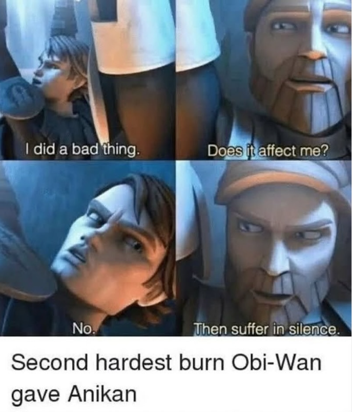 I did a bad thing. Does it affect me? No. Then suffer in silence. Second hardest burn Obi-Wan gave Anikan