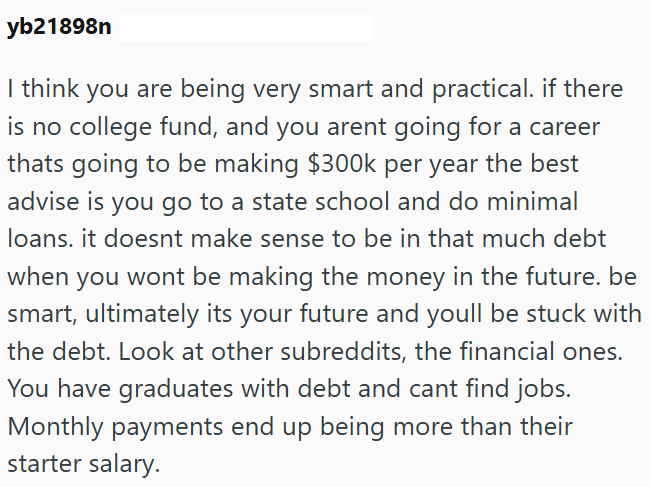 yb21898n I think you are being very smart and practical. if there is no college fund, and you arent going for a career thats going to be making $300k per year the best advise is you go to a state school and do minimal loans. it doesnt make sense to be in that much debt when you wont be making the money in the future. be smart, ultimately its your future and youll be stuck with the debt. Look at other subreddits, the financial ones. You have graduates with debt and cant find jobs. Monthly payment
