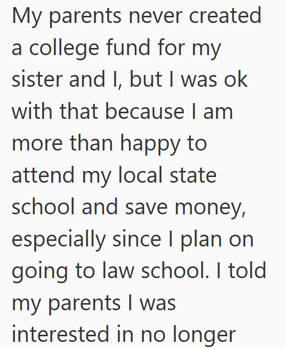 My parents never created a college fund for my sister and I, but I was ok with that because I am more than happy to attend my local state school and save money, especially since I plan on going to law school. I told my parents I was interested in no longer