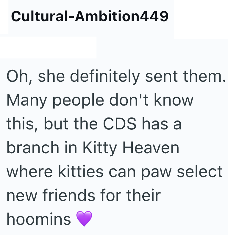 Cultural-Ambition449 Oh, she definitely sent them. Many people don't know this, but the CDS has a branch in Kitty Heaven where kitties can paw select new friends for their hoomins
