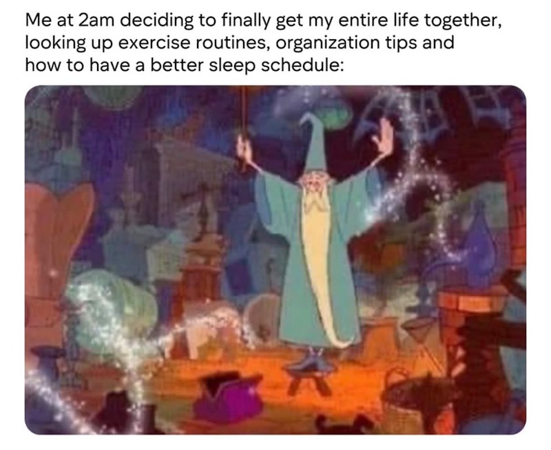 Me at 2am deciding to finally get my entire life together, looking up exercise routines, organization tips and how to have a better sleep schedule: