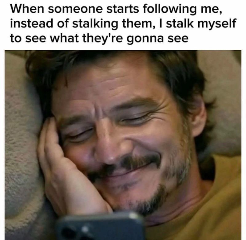 When someone starts following me, instead of stalking them, I stalk myself to see what they're gonna see