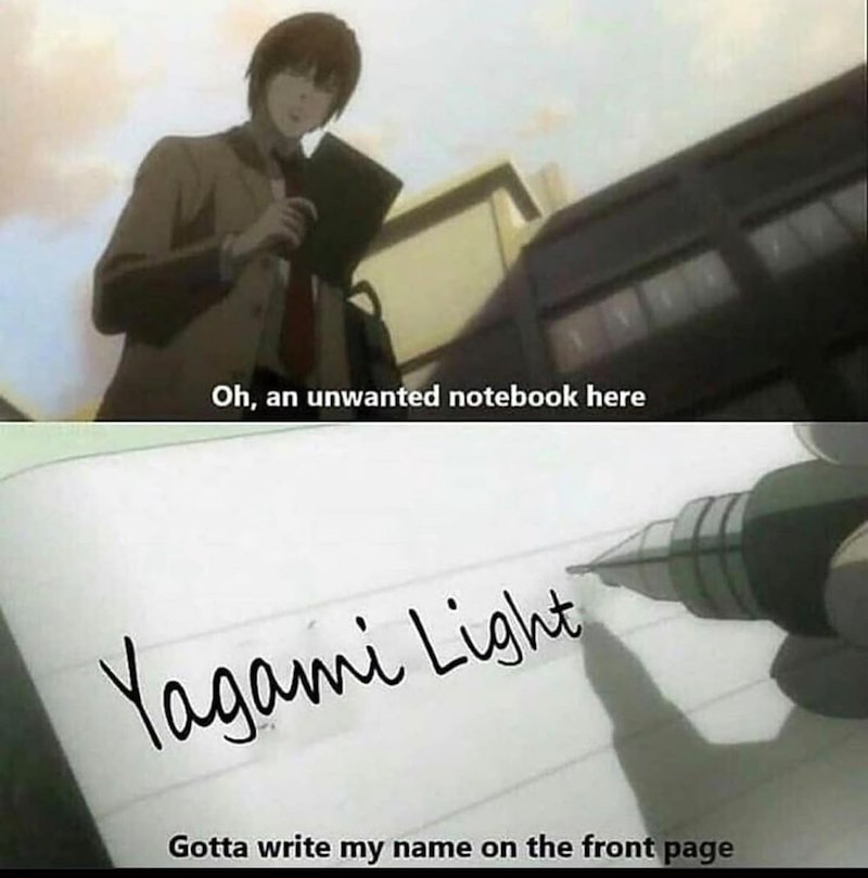 Oh, an unwanted notebook here Yagami Light Gotta write my name on the front page