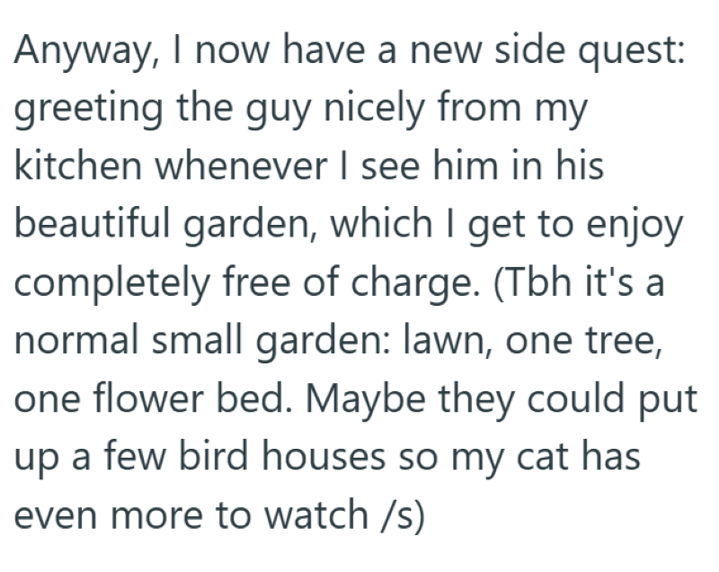 Anyway, I now have a new side quest: greeting the guy nicely from my kitchen whenever I see him in his beautiful garden, which I get to enjoy completely free of charge. (Tbh it's a normal small garden: lawn, one tree, one flower bed. Maybe they could put up a few bird houses so my cat has even more to watch/s)