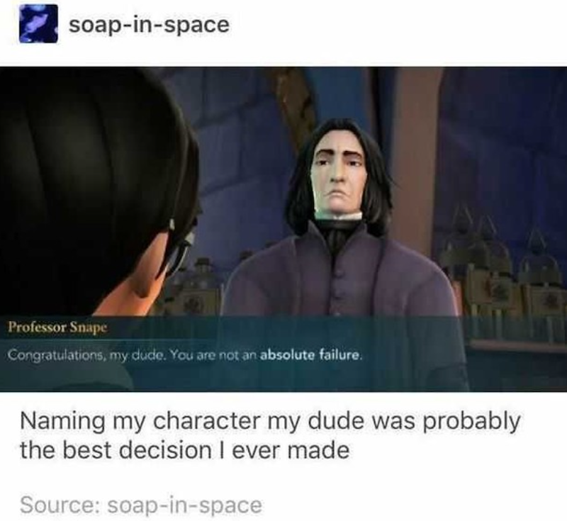 soap-in-space Professor Snape Congratulations, my dude. You are not an absolute failure. Naming my character my dude was probably the best decision I ever made Source: soap-in-space
