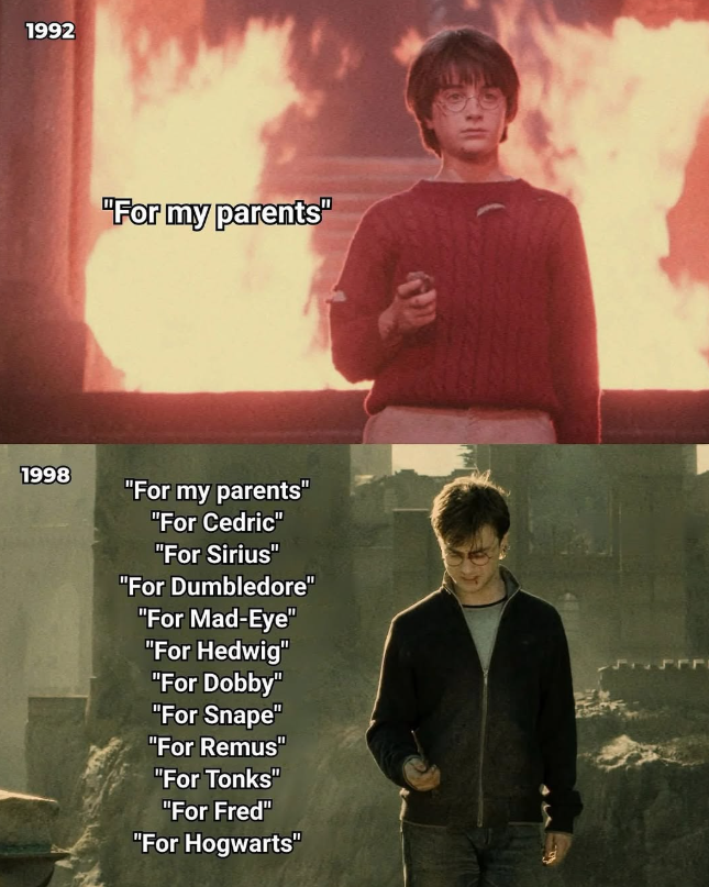 1992 1998 "For my parents" "For my parents" "For Cedric" "For Sirius" "For Dumbledore" "For Mad-Eye" "For Hedwig" "For Dobby" "For Snape" "For Remus" "For Tonks" "For Fred" "For Hogwarts"